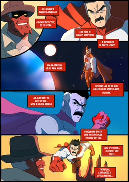 blood bodily_fluids cape clothing cosmic_background detective_hat duo earth_(planet) flying greeting male space space_background sun text kato777 hazbin_hotel hellaverse image_comics invincible_(image_comics) omni-man demon absurd_res comic english_text hi_res