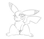 female feral front_view genitals looking_at_viewer presenting presenting_pussy pussy sitting smug solo spread_legs spread_pussy spreading fluorite nintendo pokemon generation_1_pokemon pikachu pokemon_(species) hi_res monochrome