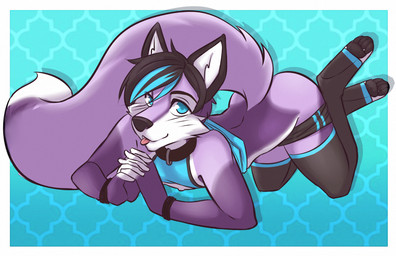 4_toes all_fours alternative_fashion anthro biped black_hair black_nose black_pawpads blue_background blue_eyes blue_hair blush border cheek_tuft clothed clothing collar dipstick_tail eyebrows facial_tuft feet femboy fingerless_(marking) footwear front_view fur hair legs_up legwear looking_at_viewer male markings multicolored_body multicolored_fur multicolored_hair multicolored_tail outside_border partially_clothed pattern_background pawpads paws pink_body pink_fur pink_tail pink_tongue pose raised_clothing raised_shirt raised_topwear seductive shirt simple_background snout socks solo stockings tail tail_markings tank_top thigh_highs toeless_footwear toeless_socks toes tongue tongue_out topwear tuft two_tone_body two_tone_fur two_tone_hair two_tone_tail underwear underwear_down white_body white_border white_fur white_tail wristband scarlet-frost taro-fox canid canine fox mammal 2016 digital_media_(artwork) full-length_portrait pinup portrait