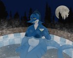 alcohol anthro beverage big_breasts blue_body breasts cocktail female hot_tub martini nipples non-mammal_nipples overweight slightly_chubby smile smirk solo steam wide_hips karinfysh billfish fish istiophoriform marine swordfish hi_res