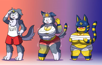 ankhafication anthro barefoot base_one_layout basic_sequence big_breasts biped blue_eyes blue_hair bottomwear breast_expansion breast_growth breasts butt butt_expansion chest_tuft clothed clothing expansion feet female gender_transformation growth hair hand_on_breast huge_breasts linear_sequence male mind_control mtf_transformation one_row_layout open_mouth pants pink_eyes shirt short_stackification shortstack shortstack_female shrinking simple_background size_transformation slightly_chubby smile solo species_transformation standing surprised tf_into_fictional_character three_frame_image three_frame_sequence topwear transformation transformation_sequence tuft weight_gain wide_hips grepstrash animal_crossing nintendo ankha_(animal_crossing) canid canine canis domestic_cat domestic_dog felid feline felis mammal 2019 sequence