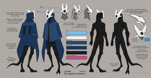 1_eye 2_toes 4_fingers black_body blue_cloak blue_clothing claws cloak cloak_only clothing digitigrade exoskeleton feet fingers hidden_mouth hood male not_furry robotic segmented_body tail teeth text toes tongue white_head lumen_fox lumen_(lumen_fox) arthropod figment_creature absurd_res english_text hi_res model_sheet