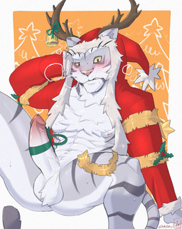abs anthro antlers balls blush blush_lines bodily_fluids bubble clothing coat countershading drunk drunk_bubble genitals grey_body holidays hoodie horn humanoid_genitalia humanoid_penis male nipples penis ribbons simple_background solo stripes substance_intoxication tinsel topwear yellow_sclera exsys christmas cygames world_flipper nimbus_(world_flipper) felid feline mammal pantherine tiger hi_res