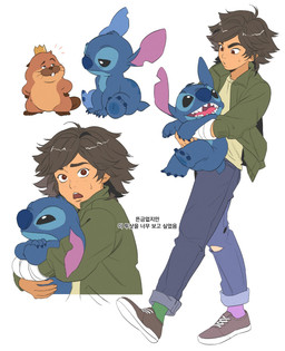 4_toes anthro back_markings black_eyes black_hair blue_body blue_bottomwear blue_claws blue_clothing blue_finger_claws blue_fur blue_jeans blue_nose blue_pants blue_pawpads bodily_fluids bottomwear brown_body brown_eyes brown_fur brown_tail buckteeth cast claws clothing crown crown_only denim denim_bottomwear denim_clothing ears_down eyebrows feet female finger_claws footwear frown fur green_clothing green_jacket green_topwear group hair head_tuft headgear headgear_only jacket jeans larger_human looking_at_viewer male markings mismatched_socks notched_ear open_frown open_mouth open_smile pants pawpads pivoted_ears raised_eyebrow semi-anthro shoes simple_background size_difference small_tail smaller_anthro smile sweat sweatdrop tail tan_body tan_fur teeth text toes topwear torn_bottomwear torn_clothing torn_pants trio tuft unimpressed whiskers white_background pzz_pls disney hoppers_(disney) lilo_and_stitch pixar king_george_(hoppers) mabel_tanaka stitch_(lilo_and_stitch) alien beaver experiment_(lilo_and_stitch) human mammal rodent 2026 crossover hi_res korean_text multiple_scenes