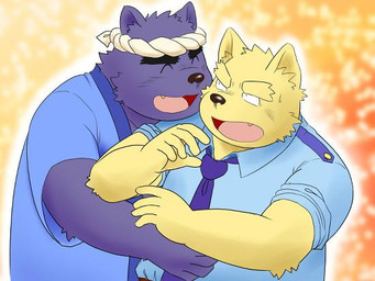 anthro clothing duo eyes_closed hug humanoid_hands male overweight overweight_male shirt simple_background topwear tiger_cub canid canine mammal 2015