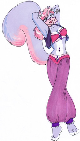 arabian arms_above_head breasts cleavage clothed clothing dancing ear_piercing female hair harem harem_outfit jewelry looking_at_viewer piercing pink_hair simple_background solo tail veil sue-chan_(artist) lisa_gentil mammal rodent sciurid tree_squirrel