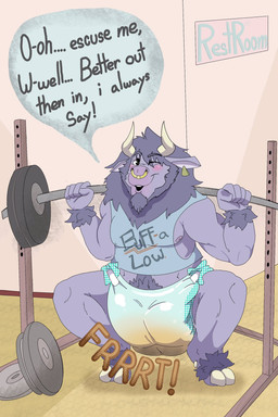 5_fingers anthro biped blush clothed clothing dialogue diaper ear_piercing ear_tag exercise facial_hair facial_piercing fart feces fingers gym male nose_piercing nose_ring one_eye_closed open_mouth piercing purple_body ring_piercing septum_piercing septum_ring soiled_diaper soiling solo sound_effects speech_bubble text unclean_diaper used_diaper wearing_diaper weightlifting workout bottlebear hawthorne_(teggart) bison bovid bovine mammal 2019 digital_drawing_(artwork) digital_media_(artwork) english_text hi_res