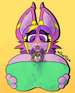 ambiguous_gender anthro between_breasts big_breasts bra breasts brown_body brown_fur clothing duo extreme_size_difference eyelashes female fur fur_markings green_clothing hair long_hair looking_at_another markings messy_hair micro pink_body pink_fur pink_paws purple_body purple_eyes purple_fur purple_hair purple_paws simple_background size_difference smug sports_bra tongue tongue_out underwear yellow_background yellow_body yellow_fur yellow_nose quetta dawrk prismutt_(dawrklawst) canid canine canis jackal mammal absurd_res hi_res