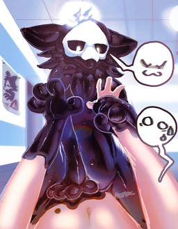 ambiguous_gender ambiguous_pov anthro belly black_goo bodily_fluids ceiling cowgirl_position cutaway detailed_background door duo expression_cutaway first_person_view forced from_front_position glistening glistening_belly glistening_body glistening_skin goo_transformation holding_arm human_on_anthro human_pov inside interspecies latex light looking_at_viewer male navel nervous nervous_sweat on_bottom on_top open_mouth poster sex species_transformation speech_bubble sweat transformation transformation_pov boxwater changed_(video_game) puro_(changed) canid canine goo_creature human mammal 2025 digital_media_(artwork) digital_painting_(artwork) hi_res lighting painting_(artwork) shaded