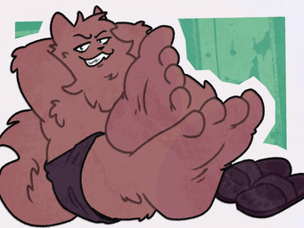 4_toes anthro arm_tuft armpit_tuft black_bottomwear black_clothing bottomwear brown_body brown_fur clothed clothing crossed_ankles elbow_tuft feet foot_focus fur fur_tuft hands_behind_head humanoid_feet male plantigrade shoes_removed sitting smile soles solo tail teeth toes topless topless_anthro topless_male tuft patugh mammal 4:3 hi_res