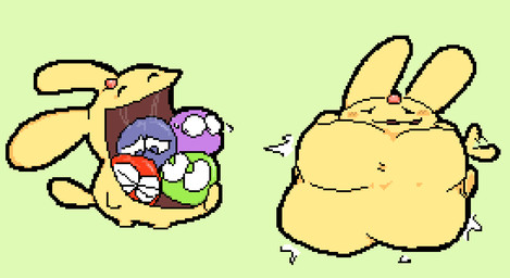 >_< afterimage ambiguous_anthro ambiguous_gender ambiguous_pred ambiguous_prey anthro anthro_pred before_and_after belly big_belly big_ears big_mouth_(anatomy) blue_body blush bodily_fluids ears_up eyes_closed flustered forehead_gem fully_inside fur gaping_mouth gem green_background green_body group half-closed_eyes hand_on_belly hand_on_own_belly huge_belly huge_mouth in_mouth larger_ambiguous larger_pred long_ears looking_into_mouth monotone_arms monotone_background monotone_belly monotone_body monotone_face monotone_fur monotone_legs monotone_tail motion_lines narrowed_eyes nervous nervous_sweat noseless nude_ambiguous nude_anthro open_mouth open_smile oral_vore partially_inside purple_body raised_head red_body ruby_(gem) rumbling_stomach sad saliva saliva_string satisfied_look semi-anthro short_legs simple_background size_difference small_arms smaller_ambiguous smile smiling_eyes soft_vore standing sweat sweatdrop tail tail_motion tailwag vore wavy_mouth wavy_smile yellow_arms yellow_belly yellow_body yellow_ears yellow_face yellow_fur yellow_legs yellow_tail meatcanister madou_monogatari mythology puyo_puyo sega carbuncle_(puyo_puyo) blue_puyo green_puyo humanoid lagomorph mammal mythological_carbuncle mythological_creature purple_puyo puyo_(puyo_puyo) red_puyo waddling_head 2025 digital_media_(artwork) english_description full-length_portrait pixel_(artwork) portrait