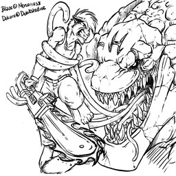 anthro chainsaw duo feet feral imminent_death imminent_pain imminent_vore male power_tool teeth tongue tongue_out tools violence neodokuro mythology dragon felid mammal mythological_creature mythological_scalie scalie 1:1 monochrome