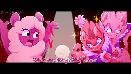 4_fingers ambiguous_gender ambiguous_humanoid annoyed anthro asking_another bald chest_tuft closed_frown closed_smile clothed clothed_female clothed_taur clothing dialogue eye_contact eyelashes eyeless fangs female female_anthro female_taur fingers frown fur gesture group hand_behind_head hand_gesture jacket light looking_at_another male mouth_closed multicolored_body multicolored_fur noseless open_clothing open_jacket open_topwear pink_body pink_fur pink_tail pose pupils purple_body purple_clothing purple_eyes purple_fur purple_jacket purple_pupils purple_topwear red_body red_fur red_tail smile smiling_at_another sparkles tail teeth text thumbs_up topwear tuft two_tone_body two_tone_fur two_tone_tail white_body wool_(fur) yellow_nose jooniethenight centaurworld netflix kale_(centaurworld) shar_(centaurworld) wammawink alpaca camelid cat_taur domestic_cat felid felid_taur feline feline_taur felis humanoid mammal mammal_taur taur 16:9 2021 artist_name colored digital_drawing_(artwork) digital_media_(artwork) english_description english_text letterbox lighting shaded widescreen