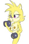 abs anthro bicep_curl biceps big_breasts bodily_fluids breasts dumbbell exercise female fur muscular muscular_anthro muscular_female nipples nude nude_workout purple_eyes solo sweat weights workout yellow_body yellow_fur fourssss sega sonic_the_hedgehog_(series) ellie_the_wolf fan_character canid canine canis mammal wolf hi_res