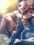 abs anthro biceps brown_body brown_fur bulge clothing fur male muscular muscular_anthro muscular_male pecs red_eyes solo sky_gomi canid canine canis mammal wolf hi_res