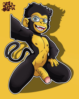 anthro balls erection eyewear fangs foreskin genital_raphe genitals glasses humanoid_genitalia humanoid_penis long_tail male penis raphe_(anatomy) retracted_foreskin scrotal_raphe solo tail teeth crisn-black-space monkey_papas haplorhine mammal monkey primate 4:5 hi_res