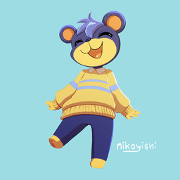 anthro blue_body blue_fur chibi clothing fur hair male open_mouth pawpads smile solo standing yellow_body yellow_fur conditional_dnp nikoyishi animal_crossing nintendo poncho_(animal_crossing) bear mammal 1:1 2025 digital_media_(artwork) hi_res shaded signature