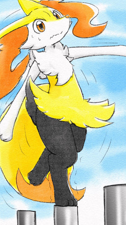ambiguous_anthro ambiguous_gender anthro balancing big_tail biped bodily_fluids closed_frown digitigrade dipstick_tail emanata front_view frown markings mouth_closed on_one_leg snout solo standing sweat sweatdrop tail tail_markings three-quarter_view tremble_spikes wavy_mouth eiroru nintendo pokemon braixen canid generation_6_pokemon mammal pokemon_(species) 2019 9:16 digital_drawing_(artwork) digital_media_(artwork) full-length_portrait hi_res japanese_description portrait translated_description