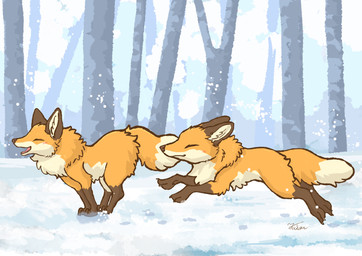 ambiguous_gender brown_body brown_fur countershading day detailed_background dipstick_tail duo eyes_closed feet feral fluffy forest fur gloves_(marking) inner_ear_fluff leg_markings markings multicolored_body multicolored_fur multicolored_tail nature nature_background open_mouth orange_body orange_fur outside plant quadruped running smile snow socks_(marking) tail tail_markings toes tree tuft white_body white_fur winter fusau canid canine fox mammal red_fox true_fox 2025 absurd_res detailed hi_res signature