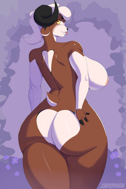 3_fingers anthro areola big_breasts big_butt black_horn blep breasts brown_body brown_fur butt butt_heart butt_squish curvy_figure female fingers flower fur glistening glistening_body hair hand_on_butt heart_on_butt heart_symbol horizontal_pupils horn horn_jewelry horn_ring hourglass_figure huge_breasts huge_butt jewelry looking_at_viewer looking_back looking_back_at_viewer markings multicolored_body pink_areola pink_tongue plant puffy_areola pupils rear_view ring_(jewelry) sheep_tail short_tail side_boob simple_background small_tail small_waist solo squish standing tail thick_thighs tongue tongue_out two_tone_body white_body white_fur white_hair wide_hips zariorwen jeannine_(gnida_nsfw) bovid caprine mammal sheep colored digital_drawing_(artwork) digital_media_(artwork) hi_res shaded