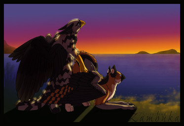 ambiguous_gender beak black_border black_stripes black_wings border brown_body brown_feathers brown_fur detailed_background duo feathered_wings feathers feral feral_on_feral fur genitals male outside penis romantic romantic_ambiance sea seaside sex sky stripes sunset tail water white_body white_feathers wings unknown_artist mythology avian gryphon mythological_avian mythological_creature