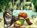 ambiguous_gender ass_up blonde_hair blue_eyes boots brown_body brown_fur clothed clothing detailed_background duo female feral footwear forest fur gloves hair handwear lake legwear looking_at_viewer nude patreon_logo patreon_username plant rock shoes text tree water waterfall website_logo rika_(artist) hyrule_warriors nintendo patreon the_legend_of_zelda link_(wolf_form) linkle canid canine canis humanoid mammal wolf 2016 digital_media_(artwork) english_text url