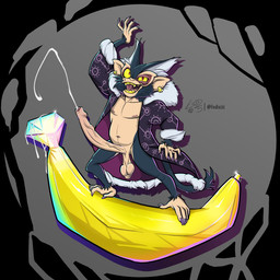 anthro balls banana big_penis bodily_fluids clothed clothing coat_cape cum cum_on_object cumshot ejaculation feet food foreskin fruit fur_clothing genital_fluids genitals male partially_clothed penis plant prehensile_feet saggy_balls solo toes refractionxiii donkey_kong_(series) donkey_kong_bananza nintendo void_kong haplorhine mammal monkey primate 1:1 hi_res