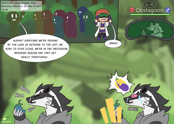 animal_genitalia animal_penis anthro binoculars bodily_fluids dialogue eating eating_food eggplant_emoji female female_human food fruit fur genitals grey_body grey_fur group hair knot knotted_penis light_body light_skin male male_anthro narration penis plant red_eyes red_hair solo speech_bubble sweat sweatdrop text nicoffee nintendo pokemon generation_8_pokemon human mammal mustelid obstagoon pokemon_(species) 7:5 colored english_text hi_res