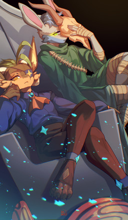anklet anthro ascot bandage bandaged_arm bandaged_leg bone bone_mask chair clothing cosplay crossed_legs duo eye_patch eyewear footwear fur furniture glowing glowing_eyes jewelry looking_at_viewer male male/male mask plant regal robe skull skull_mask spine star throne toeless_footwear akazulla slay_the_spire slay_the_spire_2 kalei_(hydro19) romeo_(inkwell_plume) the_regent the_silent alpaca camelid elemental_creature flora_fauna furred_kobold furred_scalie hybrid kobold mammal scalie absurd_res hi_res