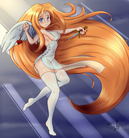 5_fingers big_breasts biped blonde_eyebrows blonde_hair breasts clothed clothing dagger detailed_background dress eyebrows eyelashes feathered_wings feathers female fingers grey_eyes hair holding_object holding_weapon legwear light long_hair looking_at_viewer melee_weapon nipple_outline not_furry pale_skin sky solo stockings thigh_highs weapon white_wings wings poethewondercat angel angel_humanoid humanoid winged_humanoid 2019 digital_media_(artwork) full-length_portrait hi_res lighting portrait signature