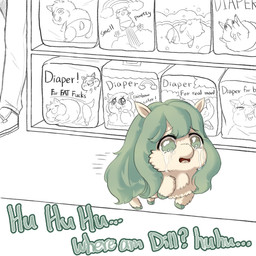 ambiguous_gender ambiguous_human baby_talk bodily_fluids chibi clothed clothed_human clothing crying diaper_package duo female female_feral feral fur green_eyes green_hair green_text hair mostly_offscreen_character open_mouth profanity solo_focus supermarket tears text walking white_body white_fur worried young young_female young_feral yellowcottoncandy030 fluffy_pony fluffy_pony_(species) human mammal 1:1 2025 digital_media_(artwork) english_text hi_res partially_colored