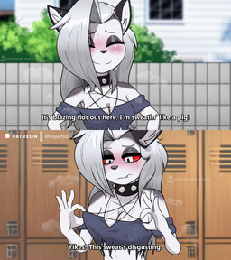 5_fingers anthro blush bodily_fluids breasts clothed clothing collar cute_fangs eyebrows eyelashes eyes_closed fangs female female_anthro fingers hair locker long_hair musk red_sclera solo spiked_collar spikes sweat sweaty_armpit sweaty_body sweaty_breasts teeth conditional_dnp whisperfoot hellaverse helluva_boss my_dress-up_darling mythology loona_(helluva_boss) canid canid_demon canine demon hellhound mammal mythological_canine mythological_creature 2022 digital_media_(artwork) hi_res