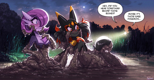 anthro black_body black_fur blue_eyes blush bodily_fluids breasts caught collarbone dialogue dirty duo dusk embarrassed eyebrows eyelashes female flashlight fur glistening hair hand_on_chest mud muddy nude outside pink_body pink_hair red_eyes sweat sweatdrop text wam doronkomajo nintendo pokemon gardevoir generation_3_pokemon generation_9_pokemon humanoid meowscarada pokemon_(species) 2025 english_text hi_res