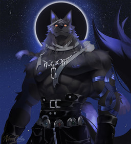 anthro black_body black_fur black_nose fur male muscular muscular_anthro muscular_male nipples orange_eyes solo text nicecola fellow_moon abyss_(fellow_moon) canid canine canis mammal wolf absurd_res artist_name hi_res signature