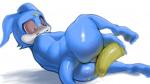 anthro big_butt blue_body blue_skin blush butt dildo female genitals lube pussy sex_toy simple_background solo white_background wide_hips l1zardman bandai_namco digimon digimon_(species) veemon