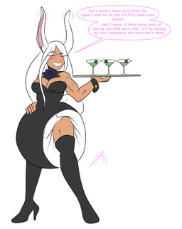 annoyed arm_cuffs bow_ribbon breasts clothed clothing cocktail_glass collar container cup diaper drinking_glass ear_tuft eyes_closed female footwear forced_smile glass glass_container glass_cup hair hand_on_hip high_heels legwear muscular muscular_female plate rabbit_ears scut_tail shoes short_tail simple_background smile solo speech_bubble stockings tail tan_body text tuft white_background white_hair dl-secret liljdude my_hero_academia rumi_usagiyama humanoid lagomorph mammal quirked_human_(my_hero_academia) absurd_res english_text hi_res