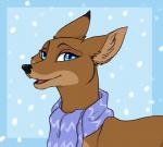 black_nose blue_background blue_eyes brown_body brown_fur female feral fur open_mouth scarf simple_background smile snow solo yelnatsdraws rudolph_saves_the_sprites rudolph_the_red-nosed_reindeer:_the_movie mitzi_(characters) mitzi_(rudolph's_mom) deer mammal