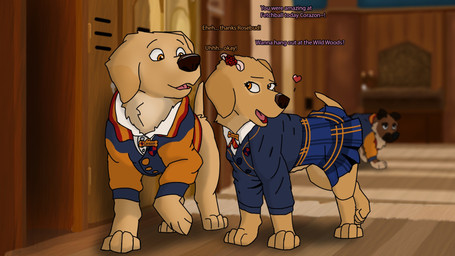 clothing duo female feral flirting group male school school_uniform text uniform young young_feral enimabucketchallenge air_bud air_bud_entertainment disney pup_academy corazon_(pup_academy) rosebud_(air_bud) bird_dog canid canine canis domestic_dog german_shepherd golden_retriever herding_dog hunting_dog mammal pastoral_dog retriever 16:9 english_text hi_res widescreen