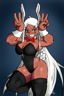 biceps big_breasts black_clothing black_legwear black_leotard black_thigh_highs blue_background bow_tie breasts brown_body brown_skin bunny_costume cleavage clothed clothed_female clothed_humanoid clothing costume cotton_tail dark_body dark_skin eyebrows eyelashes female female_humanoid gesture grin grinning_at_viewer hair hand_gesture legwear leotard long_hair muscular muscular_female muscular_humanoid on_one_leg pink_inner_ear pupils raised_arms red_bow_tie red_eyes shirt_collar shirt_cuffs short_tail simple_background smile smiling_at_viewer solo standing strapless_clothing strapless_leotard tail teeth thick_thighs thigh_highs white_ears white_eyebrows white_hair white_tail tomaruchi my_hero_academia rumi_usagiyama animal_humanoid humanoid lagomorph lagomorph_humanoid leporid_humanoid mammal mammal_humanoid rabbit_humanoid 2023 absurd_res dated hi_res signature