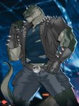 anthro armwear blurred_background bottomwear bottomwear_pull claws clothed clothing clothing_pull fangs gloves green_body green_scales green_skin handwear jacket jewelry jurassic logo looking_at_viewer male muscular muscular_anthro muscular_male necklace pants pants_pull pockets pupils red_eyes scales sharp_teeth shirt shorts slit_pupils solo spiked_clothing spiked_gloves spiked_jacket spikes spikes_(anatomy) teeth text topwear torn_bottomwear torn_clothing torn_jacket torn_shirt torn_shorts torn_topwear yellow_sclera patto jurassic_park jurassic_world universal_studios rocco_(tallion) dinosaur lizard prehistoric_species reptile scalie theropod tyrannosaurid tyrannosauroid tyrannosaurus tyrannosaurus_rex hi_res url