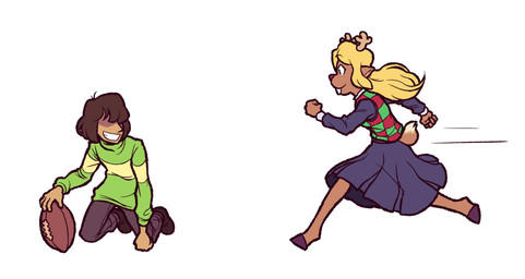 ambiguous_gender anthro antlers ball barefoot blonde_hair bottomwear buckteeth clothing duo feet female gridiron_ball hair hooves horn pattern_clothing pattern_sweater pattern_topwear red_nose skirt striped_clothing striped_sweater striped_topwear stripes sweater sweater_vest teeth topwear vest unknown_artist deltarune peanuts_(comic) undertale_(series) kris_dreemurr noelle_holiday deer human mammal new_world_deer reindeer absurd_res hi_res