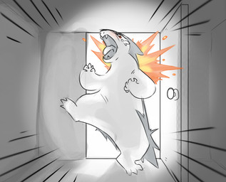 3_toes 5_fingers angry anthro bodily_fluids breaking_in door fangs feet fingers fire male open_mouth paws red_eyes simple_background solo tears teeth toes tongue floofangel nintendo pokemon generation_2_pokemon pokemon_(species) typhlosion 2025