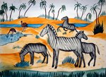 ambiguous_gender desert drinking eating_grass feral galloping grazing group oasis palm_tree plant pond running tree water unknown_artist avian bird equid equine mammal ostrich ratite zebra 1935 20th_century ancient_art painting_(artwork) watercolor_(artwork)