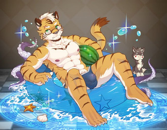abs anthro biceps bulge claws clothed clothing duo eyewear food fruit fur glasses male melon muscular muscular_male nipples nude pecs plant solo_focus striped_body striped_fur stripes summer tentacles topless underwear watermelon wuyabottom canid canine canis domestic_dog felid husky mammal nordic_sled_dog pantherine spitz tiger 2018 digital_media_(artwork)