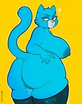 4_fingers anthro anus areola arm_tuft big_areola big_breasts big_butt big_nipples biped black_eyebrows black_eyes black_text blue_areola blue_body blue_breasts blue_clothing blue_ears blue_eyelids blue_fur blue_legwear blue_nipples blue_tail blue_thigh_highs bodily_fluids breasts butt cellulite cheek_tuft chest_tuft clothing countershade_snout countershading curved_eyebrows dark_areola dark_clothing dark_legwear dark_nipples dark_thigh_highs elbow_tuft eyebrows eyelashes eyelids facial_tuft female fingernails fingers frustration_cloud fur fur_tuft genital_fluids glistening glistening_clothing glistening_eyelids glistening_eyes glistening_legwear glistening_thigh_highs halftone halftone_background head_tuft head_turned huge_breasts huge_butt humanoid_hands leaking legs_together legwear legwear_only lidded_eyes light_body light_breasts light_ears light_fur light_nose light_tail long_eyelashes looking_at_viewer looking_back looking_back_at_viewer markings mature_anthro mature_female monotone_body monotone_fur monotone_tail mostly_nude mostly_nude_anthro mostly_nude_female mouth_closed nails nipples outline pattern_background pink_nose pointy_ears prick_ears pubes pussy_juice_leaking raised_eyebrow resting_bitch_face simple_background snout solo standing tail text thick_thighs thigh_highs thigh_highs_only three-quarter_view tuft vaginal_fluids whisker_markings white_body white_countershading white_outline ractoons cartoon_network the_amazing_world_of_gumball mary_senicourt domestic_cat felid feline felis mammal 2024 artist_name digital_drawing_(artwork) digital_media_(artwork) hi_res portrait three-quarter_portrait