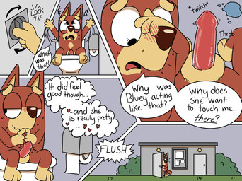 animal_genitalia animal_penis anthro aroused_face balls bathroom blush bodily_fluids canine_genitalia canine_penis dialogue erection first_person_view fur genitals gloves_(marking) leg_markings male markings on_toilet penis public_restroom red_body red_fur socks_(marking) solo speech_bubble staring_at_penis sweat tan_body tan_fur text thought_bubble toilet toilet_paper wavy_mouth young young_anthro young_male festive0goat bluey_(series) rusty_(bluey) australian_kelpie canid canine canis domestic_dog herding_dog mammal pastoral_dog sheepdog comic english_text hi_res