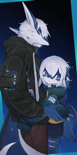 age_difference anthro biped black_clothing black_jacket black_topwear blue_background blue_body blue_eyes blue_skin bottomwear clothed clothed_anthro clothed_female clothed_male clothing duo female female_anthro fin glistening glistening_tail green_clothing green_jacket green_topwear hair hug hugging_another humanoid_hands jacket long_sleeves looking_aside looking_away male male_anthro markings older_male oversized_clothing pants shark_tail side_view simple_background tail tail_fin topwear white_hair white_markings young young_anthro young_female younger_female soda_uyu aquatic fish shark 2021 absurd_res hi_res