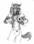 anthro arm_wraps biped bottomwear bulge clothed clothing football_player front_view fur hair long_hair looking_at_viewer male navel pants simple_background snout solo sports_pads standing striped_body striped_fur stripes white_background wraps caribou_(artist) stripes_(character) equid equine mammal zebra 2011 black_and_white graphite_(artwork) monochrome portrait signature three-quarter_portrait traditional_media_(artwork)