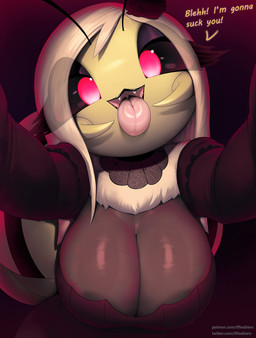antennae_(anatomy) anthro big_breasts big_eyes black_eyeshadow black_sclera blonde_hair breasts cleavage clothed clothed_female clothing cute_fangs dialogue dress eyeshadow fangs female first_person_view hair huge_breasts looking_at_viewer makeup mandibles neck_tuft open_mouth red_eyes smile solo talking_to_viewer teeth text tongue tongue_out tuft yellow_body thousandfoldfeathers blossom_(thousandfoldfeathers) arthropod bee hymenopteran insect vampire 2026 english_text hi_res url