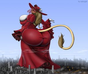 anthro belly big_breasts big_butt breasts butt city cityscape clothing crush destruction dress female gown macro solo text veil wide_hips ndrnight lilly_(rapidsoftime) felid lion mammal pantherine 6:5 absurd_res english_text hi_res